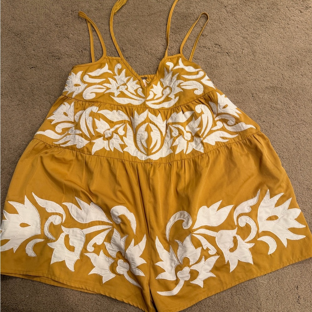 Free People Mustard Yellow & White Embroidered Romper